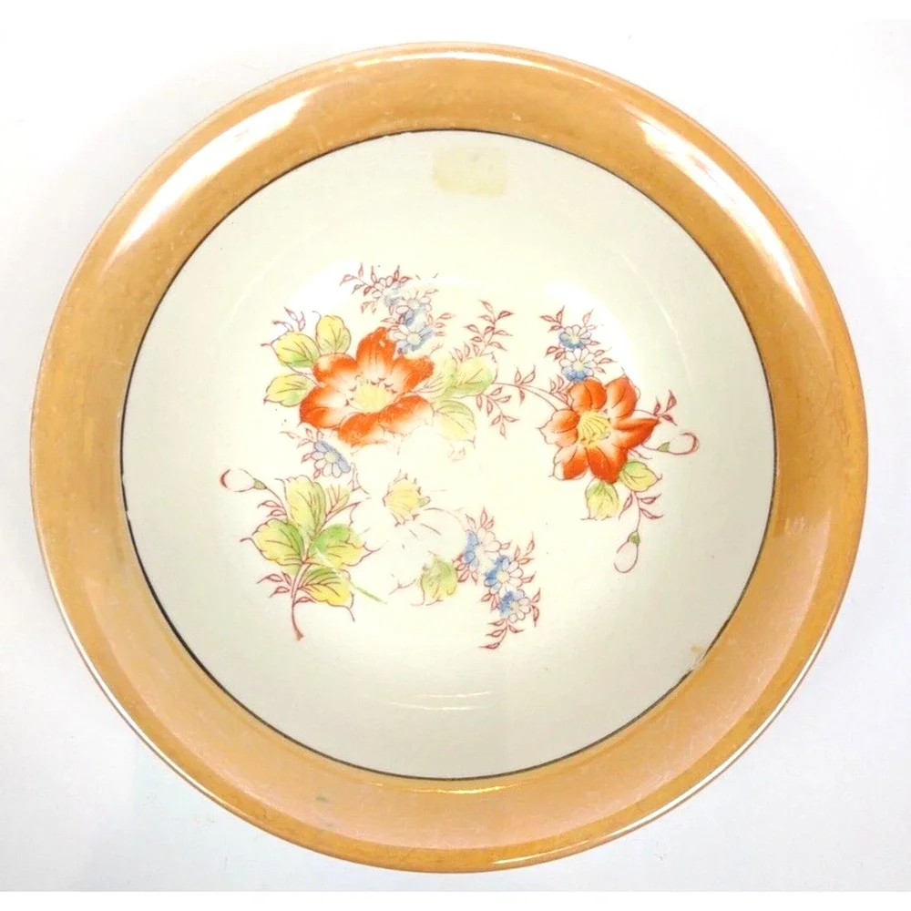 Vintage Japanese Luster Ware Serving Bowl with Floral Center Peach Band 9.5